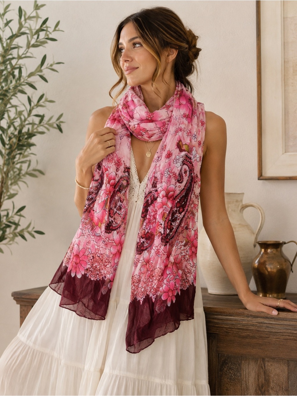 Pink Floral Paisley Scarf Boho Fairy Sheer Wrap Shawl Festival Indie Peasant BBQ